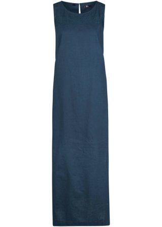 Maxi-Kleid mit Leinen, Lochmuster am Ausschnitt und Seitenschlitz in blau von vorne - bpc bonprix collection