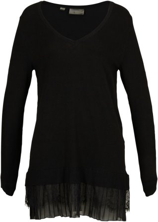 Pullover mit Spitze und Plissee in schwarz von vorne - bpc selection