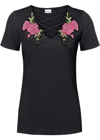 Shirt mit Rosenstickerei in schwarz von vorne - BODYFLIRT