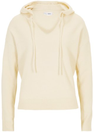 Strick-Pullover mit V-Ausschnitt und Kapuze in beige von vorne - bpc bonprix collection
