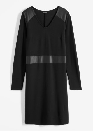 Jerseykleid mit Lederimitat in schwarz von vorne - BODYFLIRT