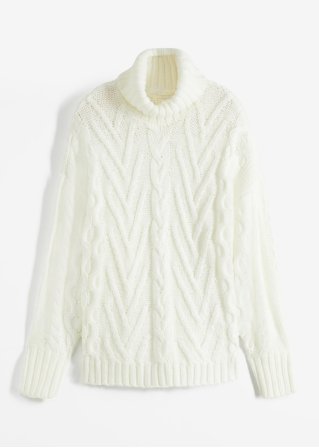 Rollkragen-Pullover mit Zopfmuster in weiß von vorne - bpc bonprix collection
