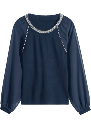 Pullover mit Strass und Chiffon-Ärmeln in blau von vorne - BODYFLIRT boutique