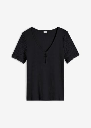 Rippshirt mit Reißverschluss in schwarz von vorne - BODYFLIRT boutique
