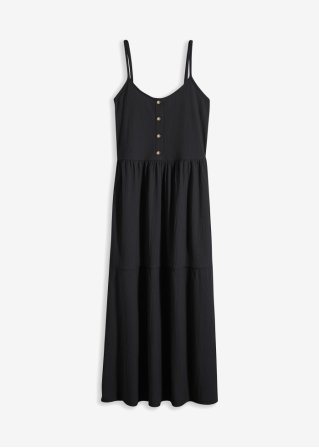 Jersey-Kleid in Midi-Länge mit Volants und dekorativer Knopfleiste in schwarz von vorne - bpc bonprix collection