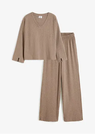 Loungewear Hausanzug mit weitem Bein aus weicher Rippe in braun von vorne - bonprix Loungewear Hausanzug mit weitem Bein aus weicher Rippe in braun von vorne - bonprix