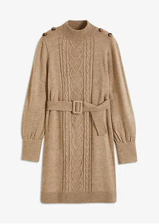 Strickkleid mit Gürtel in beige von vorne - bonprix Strickkleid mit Gürtel in beige von vorne - bonprix