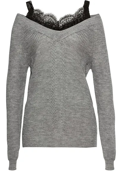 Ajour-pullover mit Spitze in grau von vorne - BODYFLIRT Ajour-pullover mit Spitze in grau von vorne - BODYFLIRT