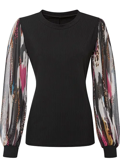 Rippshirt mit Chiffonärmeln in schwarz von vorne - bonprix Rippshirt mit Chiffonärmeln in schwarz von vorne - bonprix