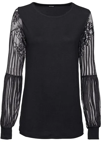 Langarmshirt mit Spitzen-Ärmeln in schwarz von vorne - bonprix Langarmshirt mit Spitzen-Ärmeln in schwarz von vorne - bonprix