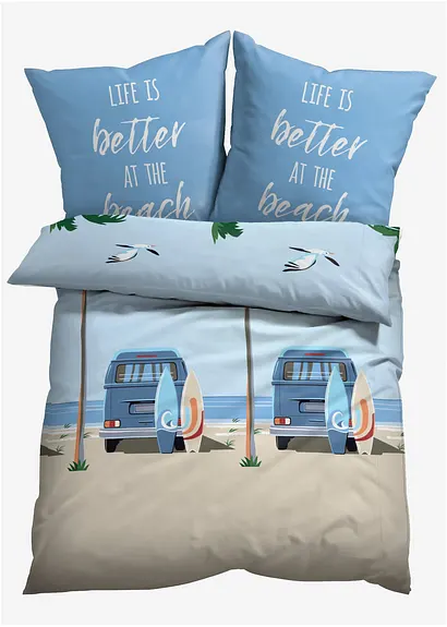 Bettwäsche mit Auto und Palmen am Strand in blau von vorne - bonprix Bettwäsche mit Auto und Palmen am Strand in blau von vorne - bonprix