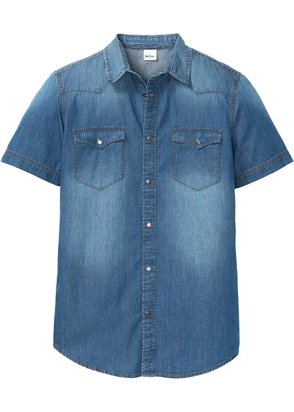 Jeanshemd, Kurzarm aus reiner Bio-Baumwolle, Slim Fit in blau von vorne - bonprix Jeanshemd, Kurzarm aus reiner Bio-Baumwolle, Slim Fit in blau von vorne - bonprix