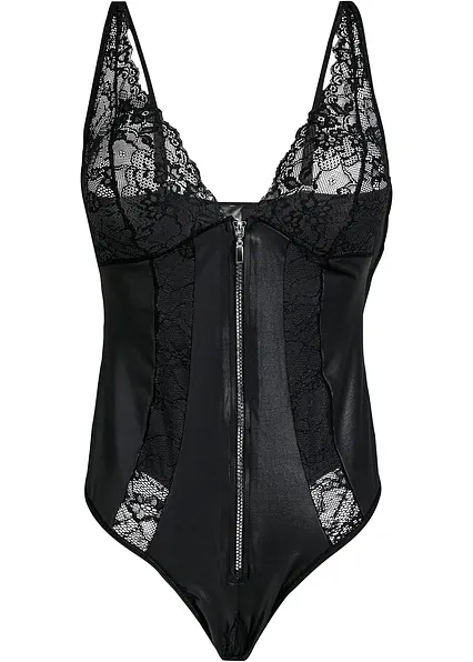 Stringbody ouvert mit Wetlook und Reißverschluss in schwarz - bonprix Stringbody ouvert mit Wetlook und Reißverschluss in schwarz - bonprix