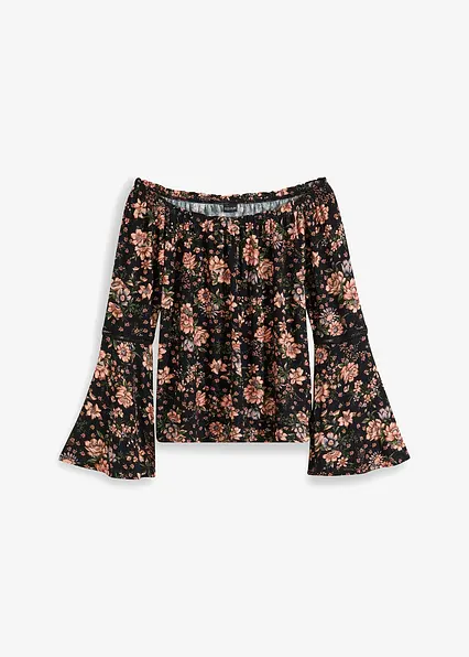 bedrucktes Carmenshirt in schwarz von vorne - bonprix bedrucktes Carmenshirt in schwarz von vorne - bonprix