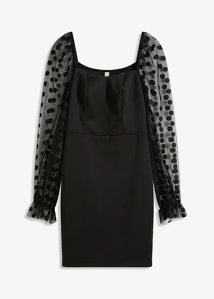 Minikleid aus fester Scuba-Qualität mit gepunkteten Mesh-Ärmel in schwarz von vorne - bonprix Minikleid aus fester Scuba-Qualität mit gepunkteten Mesh-Ärmel in schwarz von vorne - bonprix
