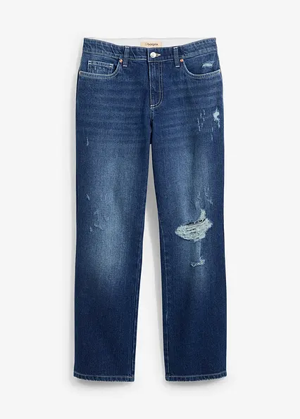 Straight-Jeans Mid Waist Bequembund Low Stretch, cropped in blau von vorne - bonprix Straight-Jeans Mid Waist Bequembund Low Stretch, cropped in blau von vorne - bonprix