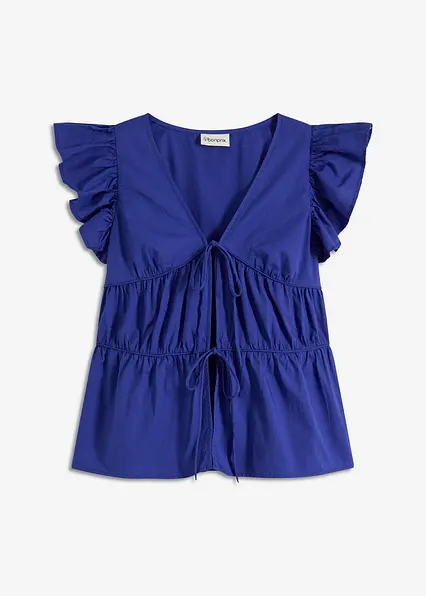 Bluse mit Bindebändern aus reiner Baumwolle in blau von vorne - bonprix Bluse mit Bindebändern aus reiner Baumwolle in blau von vorne - bonprix