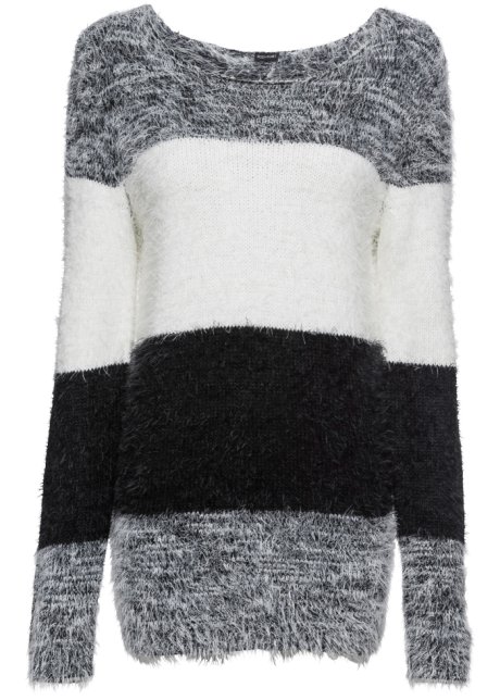 Flauschiger Pullover im Streifen-Design in schwarz von vorne - BODYFLIRT