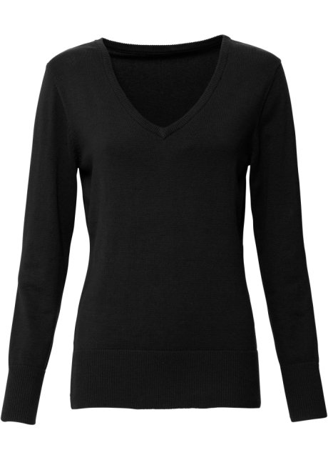 Feinstrick-Pullover mit V-Ausschnitt in schwarz von vorne - bpc bonprix collection