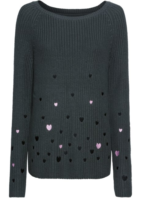 Pullover mit Herzen in grau von vorne - RAINBOW