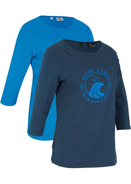 Langarmshirt mit Bio-Baumwolle, 3/4-Arm (2er Pack) in blau von vorne - bpc bonprix collection