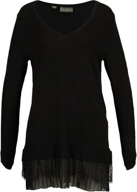Pullover mit Spitze und Plissee in schwarz von vorne - bpc selection