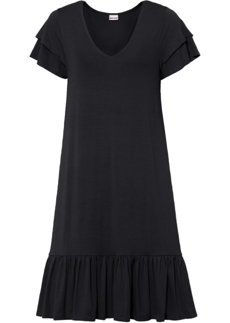 Jerseykleid mit Volant in schwarz von vorne - BODYFLIRT