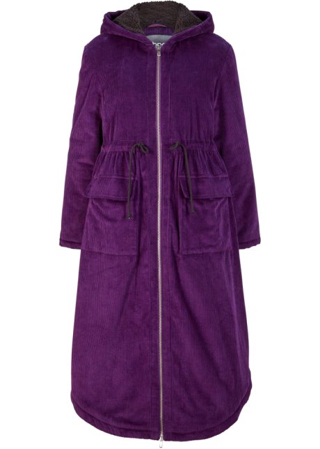 Weit geschnittener Cord-Mantel mit Teddy-Fleece Kapuze, Tunnelzug und  großen Taschen in lila von vorne - bpc bonprix collection
