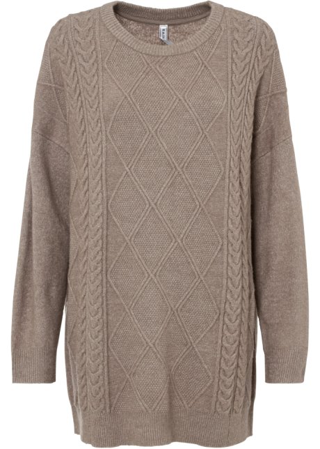 Oversize-Pullover mit Zopfmuster in braun von vorne - RAINBOW