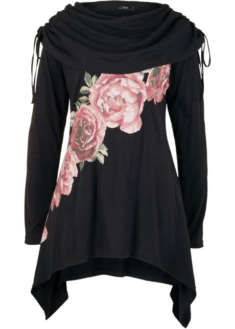 Shirt mit Zipfelsaum und Rosendruck in schwarz von vorne - bpc bonprix collection