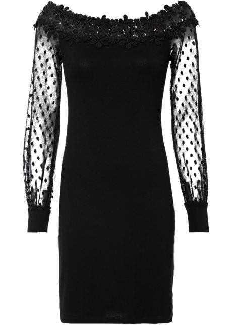 Off-Shoulder-Kleid mit Mesh-Armen in schwarz von vorne - BODYFLIRT boutique