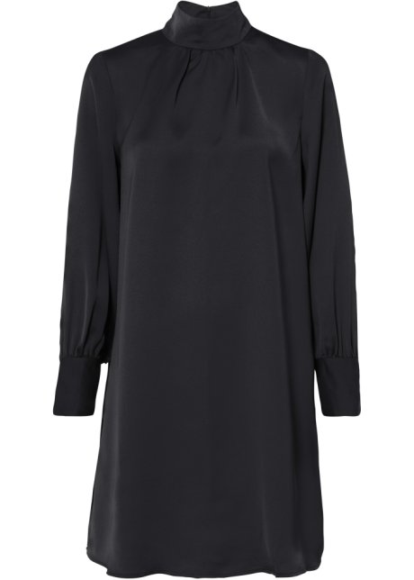 Satin-Kleid mit Stehkragen in schwarz von vorne - BODYFLIRT