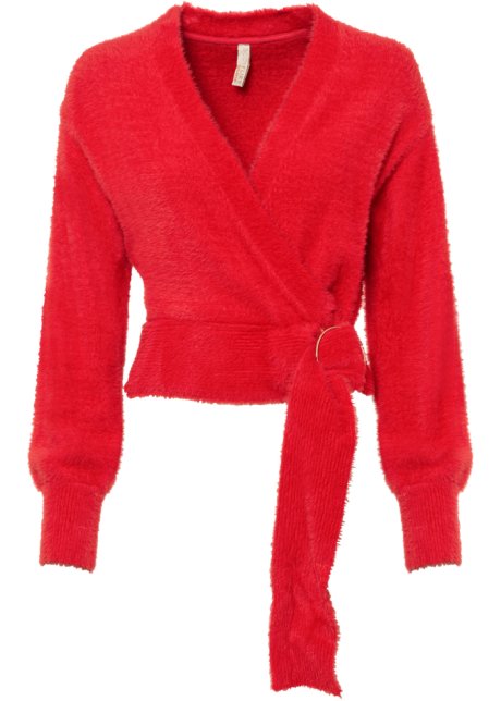 Strickullover mit Wickeldetail in rot von vorne - BODYFLIRT boutique