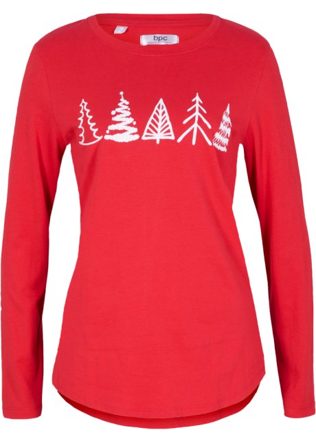 Baumwoll Langarm-Shirt mit Weihnachtsmotiv in rot von vorne - bpc bonprix collection