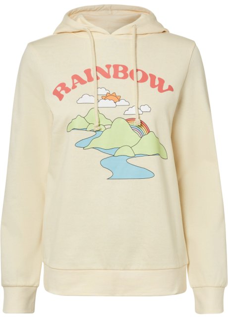 Kapuzen-Sweatshirt bedruckt aus Bio-Baumwolle in beige von vorne - RAINBOW