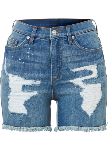 High-Waist-Shorts, destroyed in blau von vorne - BODYFLIRT boutique