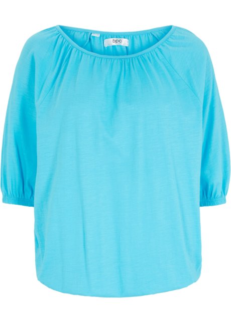 Shirt mit Gummibund am Saum aus Bio-Baumwolle, kurzarm in blau von vorne - bpc bonprix collection
