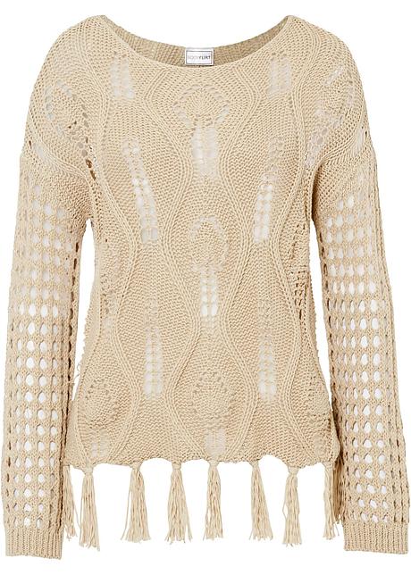 Modischer Ajour Pullover Mit Fransen Beige Damen Bonprix