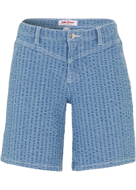 Stretch-Jeans-Shorts, Seersucker-Denim in blau von vorne - John Baner JEANSWEAR
