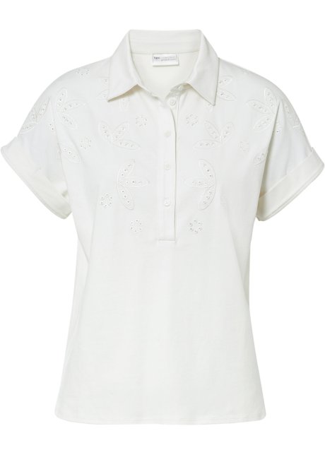 Polo-Shirt mit Lochstickerei in weiß von vorne - bpc selection premium