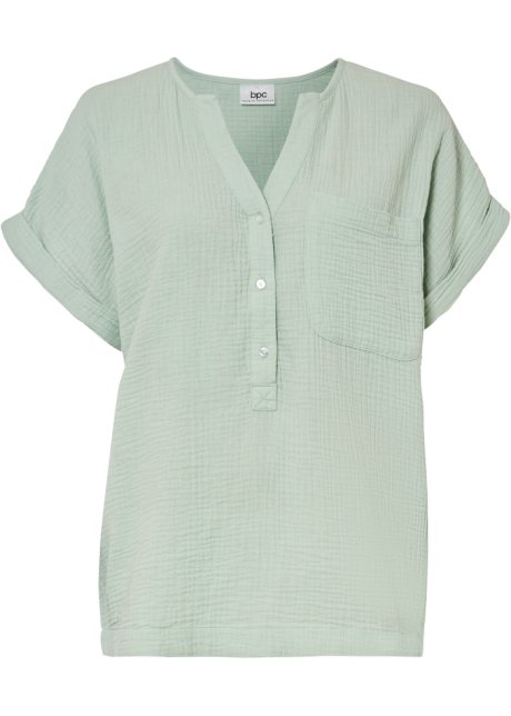 Musselin-Bluse mit Knopfleiste und Tasche in grün von vorne - bpc bonprix collection