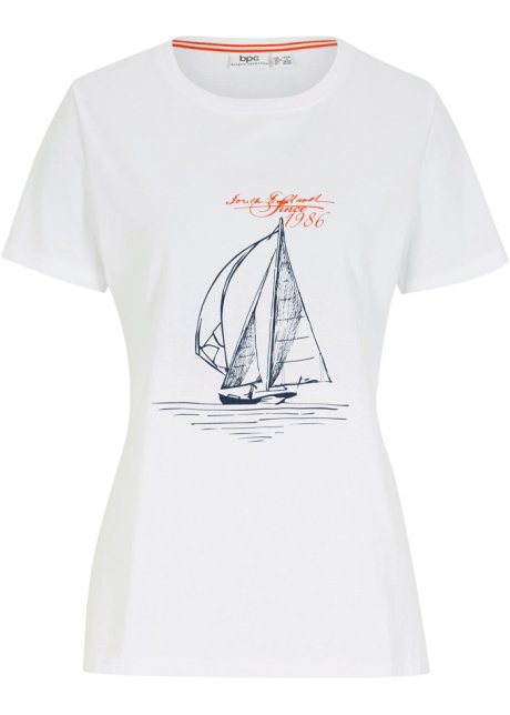 Baumwoll T-Shirt mit Seitenschlitz und Druck in weiß von vorne - bpc bonprix collection