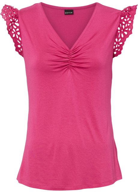 Shirt mit Lochstickerei in pink von vorne - BODYFLIRT