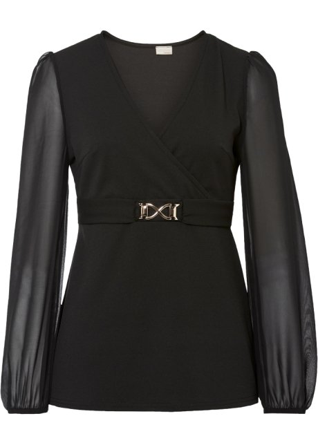 Langarmshirt, Chiffon-Ärmel in schwarz von vorne - BODYFLIRT boutique
