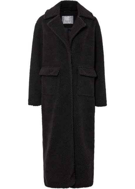Long-Teddy-Mantel mit Taschen in schwarz von vorne - bpc bonprix collection