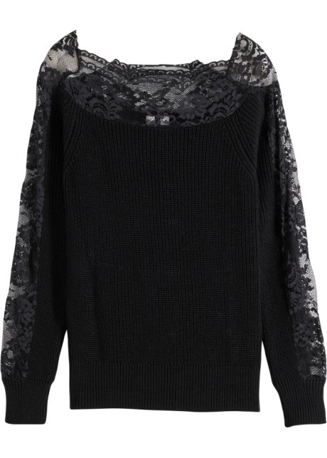 Pullover mit Spitze  in schwarz von vorne - BODYFLIRT boutique