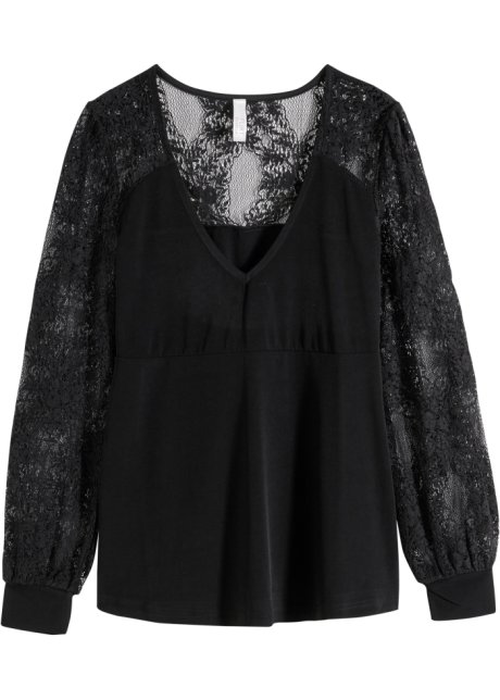 Langarmshirt mit Spitze  in schwarz von vorne - BODYFLIRT boutique