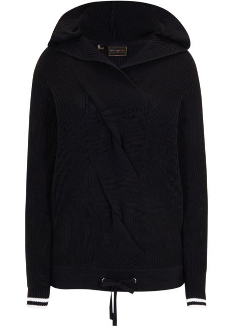 Pullover mit Kapuze und raffiniertem Zopfmuster in schwarz von vorne - bpc selection