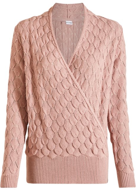 Ajour-Pullover in Wickeloptik in rosa von vorne - BODYFLIRT