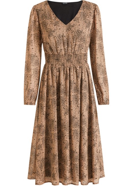 Chiffon-Kleid mit Smockeinsatz in braun von vorne - BODYFLIRT